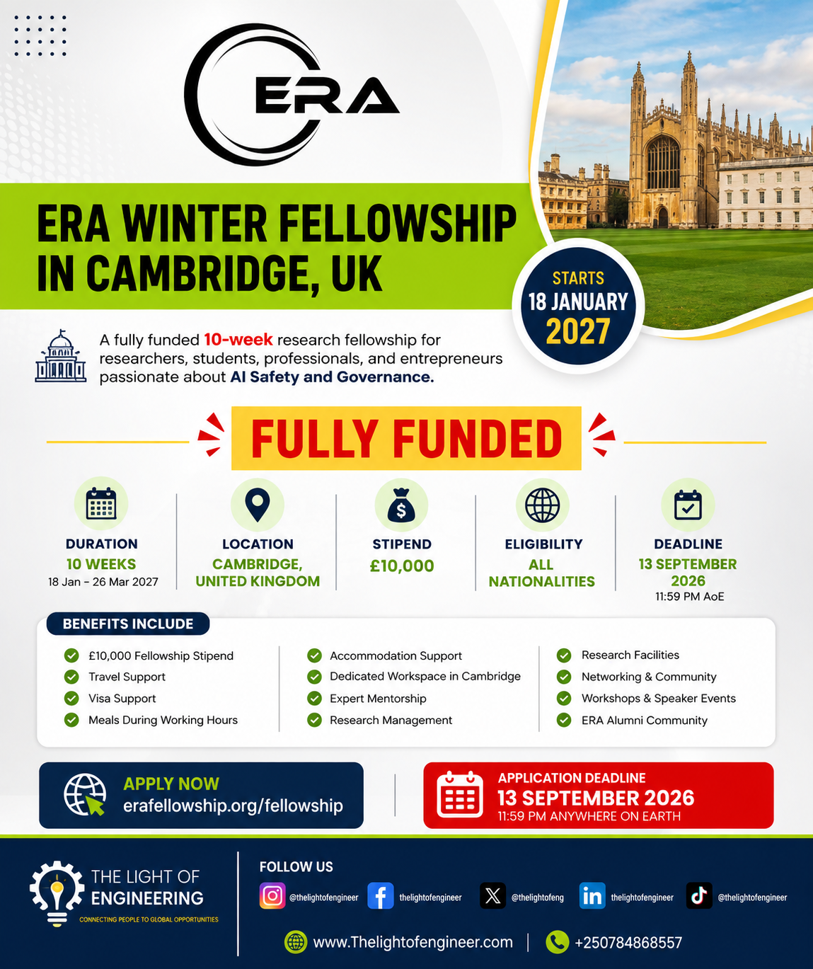 ERA Winter Fellowship 2027 in UK, Fully Funded Cambridge Fellowship