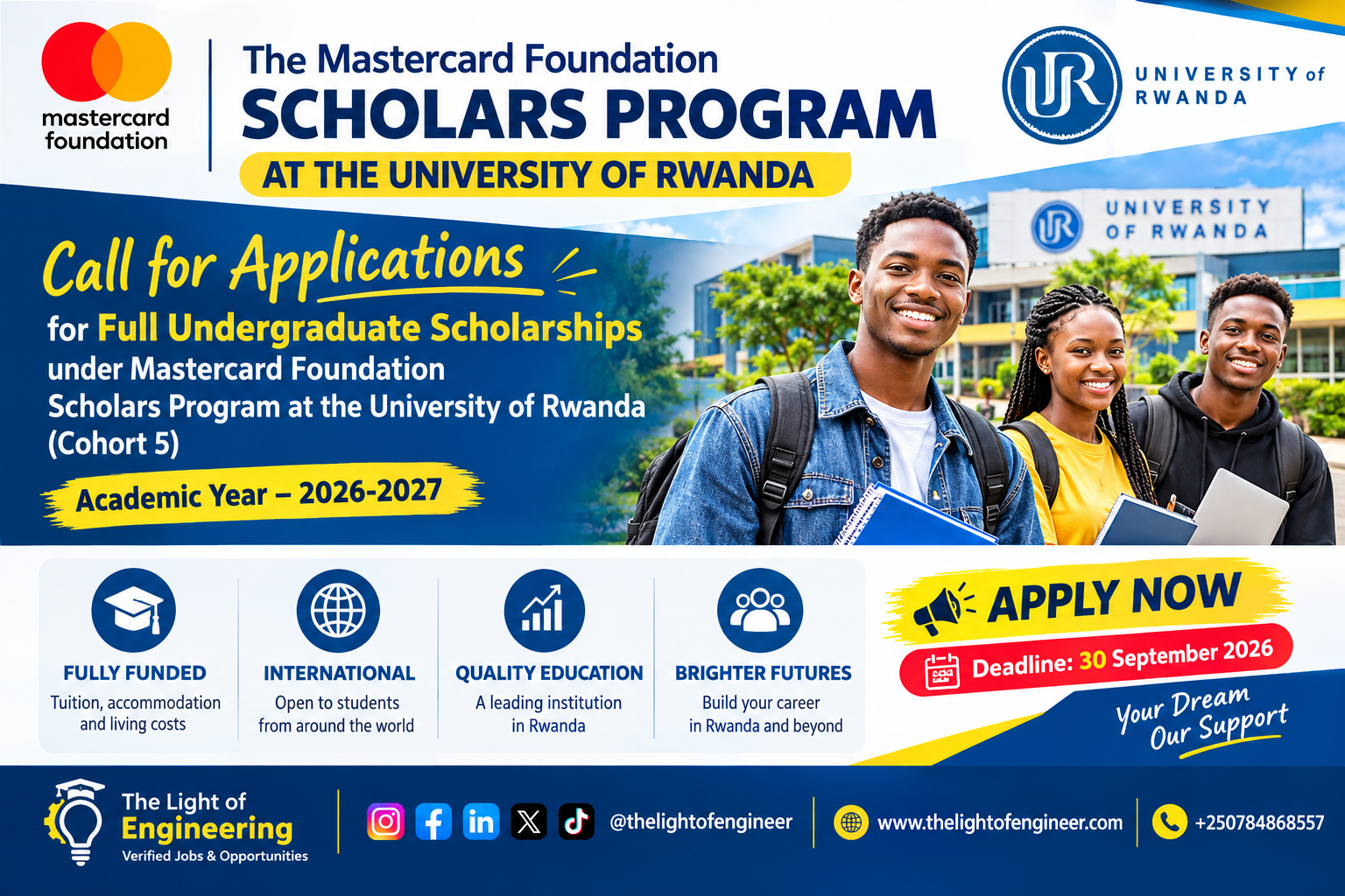 Call for Application for Undergraduate Scholarships - 5th Cohort Mastercard Foundation Scholars Program at the University of Rwanda for Academic year 2026-2027