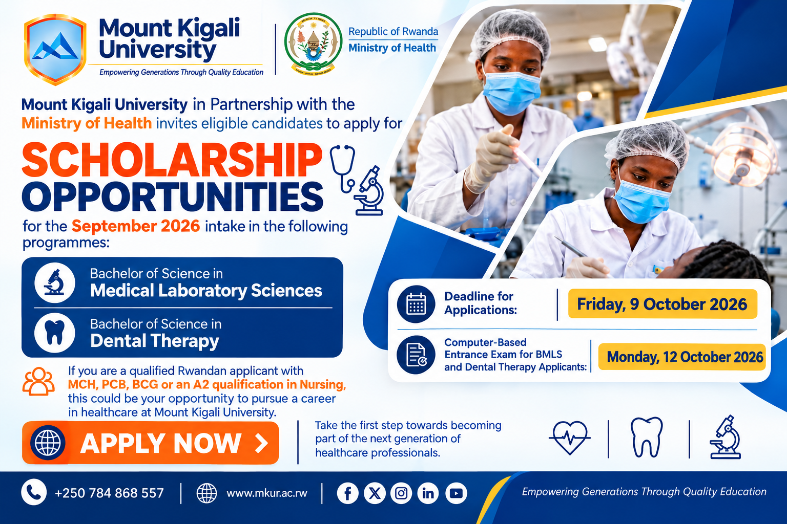 Mount Kigali University and Ministry of Health scholarship announcement for the September 2026 intake